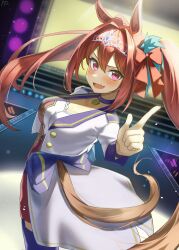 Rule 34 | 1girl, absurdres, animal ears, bow, breasts, brown hair, catwalk (modeling), coat, cowboy shot, cropped jacket, daiwa scarlet (umamusume), dress, dutch angle, glowstick, hair bow, highres, holding, holding glowstick, horse ears, horse girl, horse tail, light, long hair, looking at viewer, medium breasts, open mouth, pink eyes, red dress, rottenpizza, screen, smile, solo, stage, stairs, starting future (umamusume), tail, teeth, tiara, twintails, umamusume, upper teeth only, white coat
