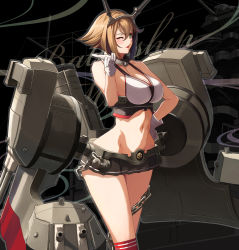 Rule 34 | 1girl, black skirt, breasts, brown hair, cannon, chain, flipped hair, from side, green hair, hand on own hip, headgear, kantai collection, large breasts, looking at viewer, metal belt, midriff, mutsu (battleship), mutsu (kancolle), navel, one eye closed, pleated skirt, red thighhighs, rigging, seven (shijima), short hair, skirt, smokestack, solo, standing, striped clothes, striped skirt, striped thighhighs, thighhighs, turret, upper body, wide hips