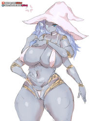Rule 34 | 1girl, areola slip, blue eyes, blue hair, blue skin, breasts, colored skin, elden ring, from software, girlsay, hat, highres, huge breasts, looking at viewer, multiple arms, ranni the witch, simple background, solo, thick thighs, thighs, thong, witch hat
