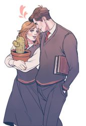 Rule 34 | 1boy, 1girl, alice longbottom, book, cactus, couple, eye contact, frank longbottom, hand in pocket, harry potter (series), heart, looking at another, necktie, plant, potted plant, skirt, sweater vest, uniform, wizarding world