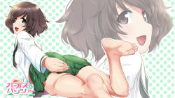 Rule 34 | 10s, 1girl, akiyama yukari, ass, barefoot, brown eyes, brown hair, covering privates, covering ass, feet, female focus, girls und panzer, halftone, halftone background, highres, leg up, long sleeves, looking at viewer, looking back, lying, on stomach, ooarai school uniform, open mouth, school uniform, serafuku, shiina excel, shirt, skirt, smile, soles, solo, toes, wallpaper, zoom layer