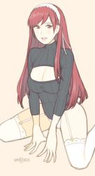 Rule 34 | 1girl, bad id, bad pixiv id, breasts, cherche (fire emblem), cleavage, cleavage cutout, clothing cutout, fire emblem, fire emblem awakening, garter straps, highres, jivke, kneeling, looking at viewer, nintendo, red eyes, red hair, simple background, smile, solo, thighhighs