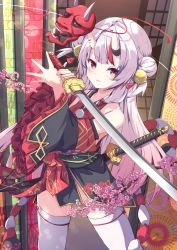 Rule 34 | 1girl, absurdres, bell, black kimono, commentary request, detached sleeves, double bun, feet out of frame, frilled sleeves, frills, fumi (fumibeing), gold trim, gradient hair, grey hair, hair bell, hair bun, hair ornament, highres, holding, holding sword, holding weapon, hololive, horns, japanese clothes, katana, kimono, kouhaku nawa, long hair, long sleeves, looking at viewer, mask, multicolored hair, nakiri ayame, nakiri ayame (1st costume), obi, oni mask, pink hair, red eyes, red hair, rope, sash, shadow, shimenawa, short kimono, skin-covered horns, solo, streaked hair, sword, tassel, thighhighs, thighs, virtual youtuber, weapon, white thighhighs, wide sleeves
