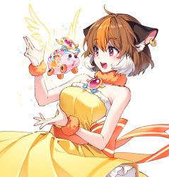 Rule 34 | 1girl, abbey (pui pui molcar), ahoge, bare shoulders, brown eyes, brown hair, commentary request, cowboy shot, dress, earrings, guinea pig, guinea pig ears, highres, itasha, jewelry, magical girl, molcar, morumi, multicolored hair, nardack, open mouth, orange scrunchie, pui pui molcar, round teeth, scrunchie, simple background, smile, solo, streaked hair, teeth, upper teeth only, white background, wings, wrist scrunchie, yellow dress