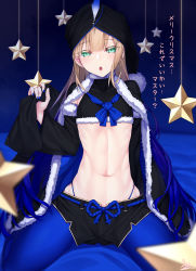 Rule 34 | 1other, blonde hair, blue hair, blue legwear, blue nails, capelet, captain nemo (fate), crop top, detached sleeves, eyelashes, fate/grand order, fate (series), fingernails, fur-trimmed capelet, fur-trimmed sleeves, fur trim, gradient hair, green eyes, highleg, highleg panties, highres, looking at viewer, midriff, multicolored hair, nail polish, navel, nemo (fate), panties, shorts, solo, star (symbol), string panties, thong, translation request, trap, turban, underwear, watosu
