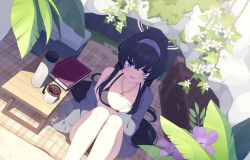 Rule 34 | 1girl, absurdres, artist request, bags under eyes, beach, bikini, bikini top pull, black bikini, black hair, blue archive, blue eyes, blue hairband, blush, book, box, breasts, cardigan, cardigan partially removed, cave, checkered blanket, coffee mug, collarbone, cooler, cup, flower, game cg, grey cardigan, hair between eyes, hairband, halo, hand on ground, highres, iced coffee, ivy, jewelry, leaf, lens flare, long hair, looking at viewer, moss, mug, non-web source, o-ring, o-ring top, official alternate costume, official art, on ground, open mouth, pendant, picnic blanket, ponytail, small breasts, solo, swimsuit, ui (blue archive), ui (swimsuit) (blue archive), very long hair, yellow halo