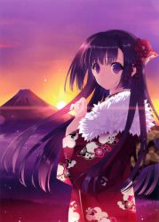 Rule 34 | 1girl, absurdres, eyebrows, fingernails, floral print, flower, fringe trim, from side, fur trim, hair flower, hair ornament, highres, japanese clothes, kimono, light particles, long hair, looking at viewer, mountain, original, outdoors, parted lips, purple eyes, purple hair, scan, sky, solo, sunset, suzuhira hiro, upper body