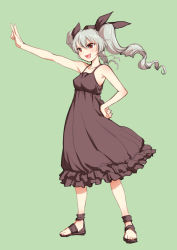 Rule 34 | 1girl, :d, anchovy (girls und panzer), arm up, bare arms, bare shoulders, black dress, black footwear, black ribbon, blush, breasts, collarbone, commentary request, dress, drill hair, frilled dress, frills, full body, girls und panzer, hair ribbon, hand on own hip, highres, open mouth, outstretched arm, red eyes, ribbon, sakaki imasato, sandals, silver hair, sleeveless, sleeveless dress, small breasts, smile, solo, standing, twin drills, twintails, v, v-shaped eyebrows
