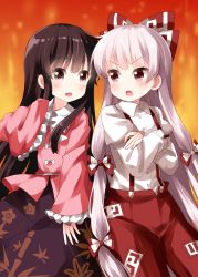 Rule 34 | 2girls, :d, bamboo print, black hair, blush, bow, bowtie, brown eyes, commentary request, cowboy shot, crossed arms, frilled sleeves, frills, fujiwara no mokou, gradient background, hair bow, hand up, highres, houraisan kaguya, juliet sleeves, long hair, long sleeves, looking at another, multiple girls, ofuda, open mouth, orange background, pants, pink shirt, puffy sleeves, purple skirt, red eyes, red pants, ruu (tksymkw), sash, shirt, sidelocks, silver hair, skirt, smile, standing, touhou, v-shaped eyebrows, very long hair, white bow, white neckwear, white sash, white shirt, wide sleeves, wing collar
