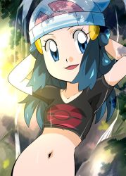Rule 34 | 1girl, blue eyes, blue hair, breasts, creatures (company), curvy, dawn (pokemon), female focus, game freak, hainchu, hat, looking at viewer, matching hair/eyes, nintendo, pokemon, pokemon (anime), pokemon dppt (anime), small breasts, smile, solo, upper body