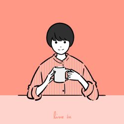 Rule 34 | 1girl, black hair, cup, highres, holding, holding cup, long sleeves, looking at viewer, miyoshi yoshimi, mug, original, pink theme, shirt, short hair, smile, solo, striped clothes, striped shirt, upper body