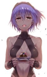 Rule 34 | 1girl, bare shoulders, blush, breasts, cake, dark skin, dark-skinned female, fate/grand order, fate/prototype, fate/prototype: fragments of blue and silver, fate (series), food, hassan of serenity (fate), highres, looking at viewer, mask, misao (kami no misoshiru), open mouth, purple eyes, purple hair, short hair, skull, smile, solo