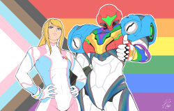 Rule 34 | 1girl, alt text, arm cannon, blonde hair, blue eyes, bodysuit, breasts, gun, highres, lgbt pride, long hair, looking at viewer, metroid, metroid dread, mole, mole under mouth, nintendo, ponytail, power suit, rainbow, roviahc, samus aran, skin tight, smile, solo, thumbs up, weapon, zero suit
