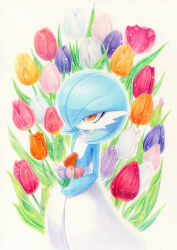 Rule 34 | alternate color, bob cut, colored pencil (medium), colored skin, creatures (company), dress, flower, game freak, gardevoir, gen 3 pokemon, hair over one eye, highres, holding, holding flower, multicolored skin, nintendo, orange eyes, pokemon, pokemon (creature), shiny pokemon, traditional media, tulip, two-tone skin, white dress, white skin, yuka (yukaaaaaaa0705)