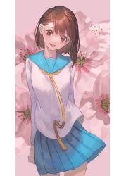 Rule 34 | 1girl, :d, arms behind back, blue sailor collar, blue skirt, blush, breasts, brown eyes, brown hair, commentary request, cowboy shot, flower, highres, looking at viewer, makitoshi0316, nisekoi, onodera kosaki, open mouth, pink background, pink flower, pleated skirt, sailor collar, school uniform, serafuku, short hair, skirt, smile, solo