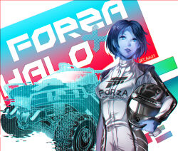 1girl blue_eyes blue_hair blue_skin colored_skin company_connection cortana forza glowing halo_(series) helmet highres holding holding_helmet hologram jumpsuit looking_up microsoft parted_lips racing_suit short_hair sky_kiki unworn_headwear unworn_helmet warthog white_jumpsuit