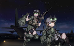 Rule 34 | 2girls, absurdres, adapted uniform, aircraft, airplane, assault rifle, backpack, bag, belt, blue eyes, blush, brown hair, camouflage, fn scar, gloves, gun, headset, helmet, highres, holster, knee pads, load bearing vest, lockheed c-130, looking at viewer, military, military uniform, multiple girls, night, night-vision device, night sky, one eye closed, open mouth, original, radio, rifle, running, runway, scope, short hair, short twintails, sitting, skirt, sky, smile, soldier, star (sky), tanto (tc1995), tc1995, teeth, thigh holster, twintails, uniform, united states, united states navy, war, weapon