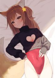 Rule 34 | 1girl, animal ear fluff, animal ears, annytf, black gloves, black sweater, breasts, brown eyes, brown hair, cleavage, cleavage cutout, clothing cutout, commentary request, commission, cropped sweater, fingerless gloves, fox ears, fox girl, fox tail, gloves, groin, hair ornament, hand on own stomach, heart cutout, highleg, highleg leotard, highres, indie virtual youtuber, leotard, leotard pull, leotard under clothes, long hair, lying, mirai (mirai76 ), on back, pulled by self, red leotard, side ponytail, skeb commission, smile, solo, star (symbol), star hair ornament, sweater, tail, thigh gap, thighs, virtual youtuber
