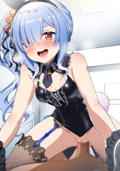 Rule 34 | 1boy, 1girl, animal ears, bare shoulders, black leotard, black necktie, blue hair, blush, breasts, censored, covered navel, cowgirl position, fake animal ears, fake tail, fuyumi kazuki, girl on top, hair ornament, hair over one eye, happy sex, hetero, highres, hikimayu, hololive, leotard, long hair, looking at viewer, mosaic censoring, multicolored hair, necktie, open mouth, orange eyes, penis, rabbit-shaped pupils, rabbit ears, rabbit girl, rabbit tail, sex, short eyebrows, side ponytail, small breasts, smile, solo focus, straddling, sweat, symbol-shaped pupils, tail, teeth, thick eyebrows, tongue, two-tone hair, upper teeth only, usada pekora, usada pekora (furi furi bunny dress), vaginal, virtual youtuber, white hair, wrist cuffs