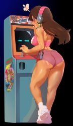 Rule 34 | 1girl, absurdres, anger vein, arcade cabinet, ass, back, bandaid, bandaid on ass, black background, brown hair, candy, candy kong, candy kong (cosplay), combos &amp; doodles, copyright name, cosplay, crop top, dark-skinned female, dark skin, dk: king of swing, donkey kong, donkey kong (1981 game), donkey kong (series), earrings, english text, eyeshadow, female focus, food, fourth wall, from behind, full body, game over, game over screen, gold earrings, headphones, highres, jewelry, legs, lipstick, lollipop, long hair, looking at screen, makeup, mario, mario (series), nintendo, pauline (mario), playing games, red lips, shiny skin, shoes, short shorts, shorts, simple background, sneakers, solo, spoken anger vein, standing, walkman