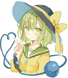 Rule 34 | 1girl, black hat, blouse, blush, buttons, collared shirt, commentary request, diamond button, eyeball, frilled shirt collar, frilled sleeves, frills, green eyes, green hair, grin, hair between eyes, hat, hat ribbon, heart, heart of string, komeiji koishi, long sleeves, looking at viewer, medium hair, paragasu (parags112), ribbon, shirt, sidelocks, simple background, smile, solo, third eye, touhou, upper body, v, wavy hair, white background, wide sleeves, yellow ribbon, yellow shirt