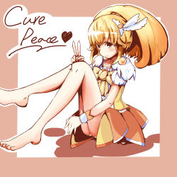 Rule 34 | 10s, 1girl, barefoot, blonde hair, bow, bowtie, brooch, character name, cure peace, dress, full body, hair flaps, hair ornament, hairpin, highres, itsuki (siikun), jewelry, kise yayoi, long hair, magical girl, no legwear, precure, skirt, smile, smile precure!, solo, v, wrist cuffs, yellow bow, yellow dress, yellow eyes, yellow skirt, yellow theme