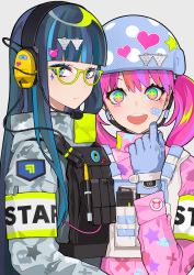 Rule 34 | + +, 2girls, bandaid, bandaid on cheek, bandaid on face, blue eyes, blue gloves, blue hair, blush, chin strap, commentary request, ear protection, facial mark, ghost, glasses, gloves, green-framed eyewear, grey background, grey jacket, hair between eyes, headset, heart, helmet, highres, jacket, lam (ramdayo), long hair, long sleeves, looking at viewer, looking to the side, multicolored eyes, multicolored hair, multiple girls, original, pink eyes, pink hair, pink jacket, simple background, star (symbol), streaked hair, symbol-shaped pupils, twintails, very long hair, x