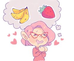 Rule 34 | 1girl, absurdres, alien, alternate costume, asymmetrical hair, banana, brittany (pikmin), clenched hands, closed eyes, commentary, cutie-png, drooling, english commentary, eyelashes, food, fruit, glasses, heart, highres, imagining, long sleeves, nintendo, no headwear, open mouth, own hands together, pikmin (series), pink hair, pointy nose, raised eyebrows, red-framed eyewear, red sweater, short hair, smile, strawberry, sweater, thought bubble, triangular eyewear, white background