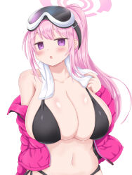 Rule 34 | 1girl, bikini, black bikini, blue archive, blush, breasts, collarbone, eimi (blue archive), eimi (swimsuit) (blue archive), halo, highres, huge breasts, jacket, kurado c, large breasts, long hair, looking at viewer, navel, open clothes, open jacket, pink hair, purple eyes, solo, swimsuit, towel, towel around neck, white background