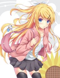 Rule 34 | 1girl, bad id, bad pixiv id, bag, bag charm, black thighhighs, blonde hair, blue eyes, bow, charm (object), collarbone, flower, future style (module), hair bow, handbag, jacket, jewelry, kagamine rin, long hair, necklace, open clothes, open jacket, skirt, solo, sunflower, tf (tfx2), tfx2, thighhighs, vocaloid, zettai ryouiki