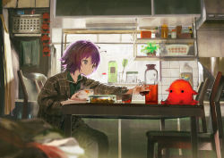 Rule 34 | 1girl, blurry, blurry foreground, bottle, bowl, chair, closed mouth, cup, depth of field, drinking glass, expressionless, food, from side, grey eyes, highres, holding, indoors, kitchen, kitchen hood, kouka (mrakano5456), long sleeves, medium hair, original, pajamas, plaid, plaid shirt, plant, potted plant, purple hair, rice, shirt, sitting, solo, table, window