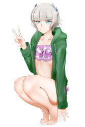 Rule 34 | 1girl, barefoot, bikini, blue eyes, blunt bangs, cardigan, collarbone, feet, full body, green cardigan, highres, hood, hood down, hooded cardigan, kimmy77, looking at viewer, meteora osterreich, open cardigan, open clothes, purple bikini, re:creators, short hair, silver hair, simple background, smile, solo, squatting, swimsuit, toes, v, white background