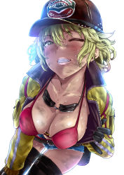 Rule 34 | 10s, 1girl, baseball cap, black gloves, blonde hair, breasts, cidney aurum, cleavage, commentary request, cropped jacket, denim, denim shorts, dirty, dirty face, final fantasy, final fantasy xv, gloves, goggles, goggles around neck, green eyes, hat, large breasts, leaning forward, lips, navel, one eye closed, pija (pianiishimo), short hair, shorts, smile, solo, sweat, thighhighs