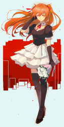 Rule 34 | 1girl, absurdres, black footwear, black gloves, black shirt, black thighhighs, bouquet, breasts, closed eyes, closed mouth, detached collar, elbow gloves, floating hair, flower, frilled gloves, frills, full body, gcef3535, gloves, hair between eyes, hair ribbon, hand in own hair, high heels, highres, holding, holding bouquet, layered skirt, long hair, medium breasts, miniskirt, neck ribbon, neon genesis evangelion, orange hair, pleated skirt, pumps, red ribbon, ribbon, shirt, short sleeves, skirt, smile, solo, souryuu asuka langley, standing, thighhighs, twintails, very long hair, white flower, white skirt, zettai ryouiki