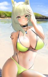 Rule 34 | 1girl, animal ear fluff, animal ears, arknights, arm behind back, bare shoulders, beach, bikini, blue sky, blunt bangs, breasts, cat ears, cleavage, collar, collarbone, commentary, day, english commentary, eyebrows hidden by hair, genm7, green bikini, green eyes, green hair, hand in own hair, hand up, highres, jewelry, kal&#039;tsit (arknights), large breasts, long hair, looking at viewer, material growth, navel, necklace, ocean, oripathy lesion (arknights), parted lips, sitting, skindentation, sky, solo, stomach, swimsuit, water