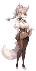 Rule 34 | 1girl, absurdres, animal ears, blush, bow, breasts, closed mouth, clothes lift, detached sleeves, fox ears, fox girl, fox tail, frills, full body, high heels, highres, jewelry, lifted by self, long hair, long sleeves, looking at viewer, medium breasts, miniskirt, necklace, original, panties, panties under pantyhose, pantyhose, puffy sleeves, shiny clothes, silver hair, simple background, skirt, skirt lift, smile, tail, underwear, white background, yellow eyes, zerocat