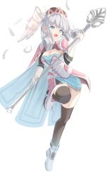 Rule 34 | 1girl, blue eyes, breasts, cleavage, feathers, grey hair, head wings, highres, medium breasts, melia antiqua, revvie, simple background, solo, white background, wing, wings, xenoblade chronicles (series), xenoblade chronicles 1