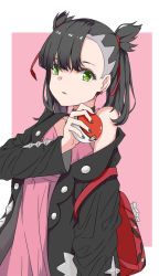 Rule 34 | 1girl, asymmetrical bangs, backpack, bag, black choker, black hair, black jacket, black nails, blush, border, chinese commentary, choker, commentary request, creatures (company), dress, earrings, game freak, green eyes, hair ribbon, highres, holding, holding poke ball, jacket, jewelry, long hair, long sleeves, looking at viewer, marnie (pokemon), nail polish, nintendo, off shoulder, open clothes, open jacket, outside border, parted lips, pink background, pink dress, poke ball, poke ball (basic), pokemon, pokemon swsh, red neckwear, ribbon, simple background, single bare shoulder, solo, twintails, upper body, white border, zarsy