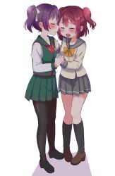 Rule 34 | 2girls, absurdres, black footwear, black pantyhose, black socks, blush, bow, bowtie, brown footwear, clenched hands, closed eyes, commentary request, crying, full body, green skirt, hair ribbon, hand on another&#039;s chest, highres, holding hands, kazuno leah, kneehighs, kurosawa ruby, loafers, long sleeves, love live!, love live! sunshine!!, multiple girls, nail polish, open mouth, pantyhose, pigeon-toed, pleated skirt, purple hair, red hair, red nails, ribbon, rinne (mizunosato), sad smile, school uniform, serafuku, shoes, simple background, skirt, socks, spoilers, standing, tears, twintails, two side up, white background, white ribbon, yellow neckwear