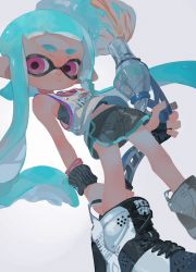 Rule 34 | 1girl, aspara, black shorts, blue hair, brush, full body, highres, inkling, inkling girl, inkling player character, long hair, looking at viewer, nintendo, pink eyes, shirt, shoes, shorts, simple background, solo, splatoon (series), standing, tank top, tentacle hair, white footwear, white shirt, white tank top, wristband