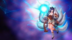 Rule 34 | 1girl, ahri (league of legends), allen (pixiv), animal ears, bare shoulders, bell, blue hair, boots, braid, breasts, cleavage, detached sleeves, energy ball, facial mark, fox ears, fox tail, highres, korean clothes, large breasts, league of legends, long hair, multiple tails, orb, solo, tail, very long hair, whisker markings, yellow eyes