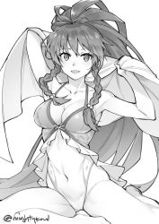 Rule 34 | 1girl, braid, breasts, cleavage, commentary, covered navel, fire emblem, fire emblem: the sacred stones, fire emblem heroes, ge-b, greyscale, holding, holding towel, long hair, medium breasts, monochrome, nintendo, one-piece swimsuit, open mouth, ponytail, side braid, simple background, sitting, solo, swimsuit, tana (fire emblem), tana (summer) (fire emblem), towel, twin braids, white background