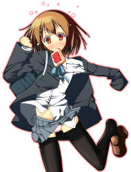 Rule 34 | 1girl, bread, bread slice, brown eyes, brown hair, chu (chu inthis), clothes lift, clothes pull, dressing, food, food in mouth, hirasawa yui, k-on!, mouth hold, nervous, open clothes, open shirt, panties, pantyhose, pantyhose pull, pantyshot, pink panties, school uniform, shirt, shirt lift, shoe dangle, shoe loss, solo, standing, toast, toast in mouth, underwear