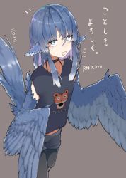 Rule 34 | 1girl, animal ears, bird ears, bird tail, black shirt, blue feathers, blue hair, blue wings, brown background, choker, feather hair, feathered wings, feathers, grey eyes, harpy, highres, long hair, miura (rnd.jpg), monster girl, open mouth, original, rnd.jpg (artist), shirt, solo, t-shirt, tail, translation request, twitter username, winged arms, wings