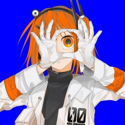 Rule 34 | 1girl, a.i. voice, adachi rei, android, blue background, commentary request, gloves, hair ornament, hair ribbon, hairclip, hand over eye, hands up, headlamp, headset, highres, ibispaint (medium), jacket, lens eye, long sleeves, looking at viewer, looking through fingers, microphone, one eye covered, one side up, onegai (o o0o oo0 oo), open clothes, open jacket, orange eyes, own hands together, parted lips, radio antenna, ribbon, short hair, signature, simple background, solo, straight-on, turtleneck, upper body, utau, white gloves, white jacket, white ribbon, wide-eyed