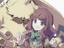 Rule 34 | 1boy, 1girl, angoramon, artist request, brown hair, digimon, digimon ghost game, fluffy, fur, grabbing, grabbing from behind, highres, long hair, salute, school uniform, size difference, tsukiyono ruli, twitter username
