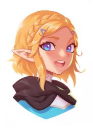 Rule 34 | 1girl, :d, bad id, bad twitter id, blonde hair, blue eyes, blush, braid, crown braid, forehead, hair ornament, hairclip, liyart, looking at viewer, nintendo, open mouth, parted bangs, portrait, princess zelda, round teeth, short hair, sidelocks, simple background, smile, solo, teeth, the legend of zelda, the legend of zelda: breath of the wild, the legend of zelda: tears of the kingdom, upper body, white background