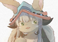 Rule 34 | 1other, absurdres, animal ears, bad id, bad pixiv id, brown fur, cindy717, ears through headwear, green eyes, highres, looking at viewer, made in abyss, nanachi (made in abyss), open mouth, simple background, solo, tagme, whiskers, white background, white hair