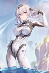 1girl arm_up black_hairband blue_sky bodysuit bowlp breasts contrapposto firefly_(ar-26710)_(honkai:_star_rail) firefly_(honkai:_star_rail) floating_hair grey_bodysuit grey_hair hairband hand_on_own_hip hand_up highres honkai:_star_rail honkai_(series) large_breasts light_particles long_hair looking_to_the_side mecha_pilot_suit outdoors purple_eyes revision sky solo wading