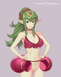 Rule 34 | 1girl, armpits, artist name, bare shoulders, bikini, bikini top only, bottomless, breasts, cleavage, closed mouth, collarbone, cowboy shot, dakkalot, fire emblem, fire emblem heroes, gluteal fold, green eyes, green hair, groin, hands on own hips, headpiece, high ponytail, innertube, large breasts, navel, nintendo, pink lips, pointy ears, purple background, purple bikini, sidelocks, simple background, smile, solo, stomach, swim ring, swimsuit, tiki (adult) (fire emblem), tiki (adult) (summer) (fire emblem), tiki (fire emblem)